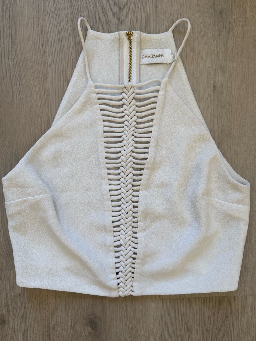 Zimmermann Cream Braided-Front Halter Crop Top